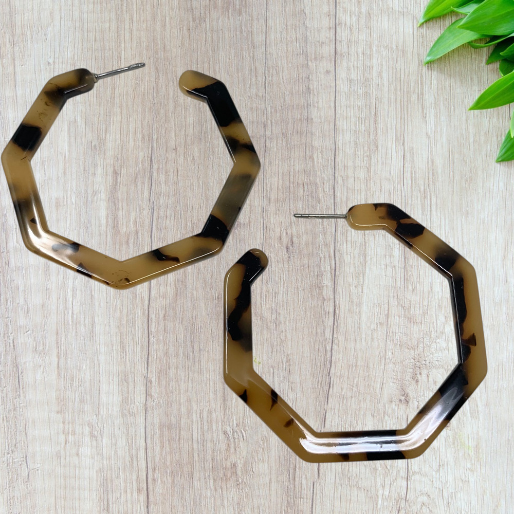 Vintage Y2K Oversized Tortoiseshell Hexagon Hoop Earrings Pierced Flat Acrylic